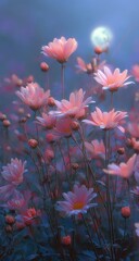 Pastel pink flowers in a misty field, moonlit