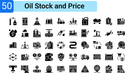 Set of icon elements related to the oil industry, from exploration, production, processing, transportation, storage, to financial and pricing aspects.