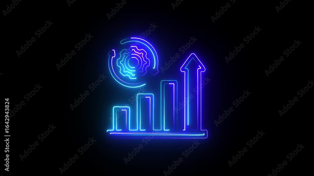 Poster neon data analytics icon with bar chart and upward arrow business growth, performance metrics, digit