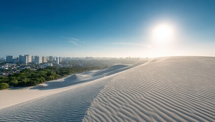 Fototapeta premium Sandy dune overlooking city, bright sun