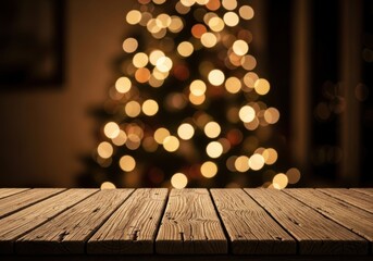 A rustic wooden table in the foreground with a blurred, glowing christmas tree and bokeh lights in the background