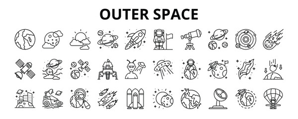 30 Outer Space Line Icons Vector - Planet, Sun, Galaxy, Astronaut, Meteor, Satellite, Meteor