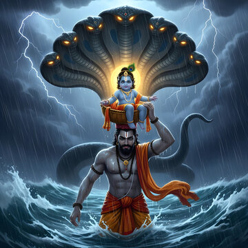 Vasudeva Carrying Bal Krishna Across the Yamuna River on a Stormy Night