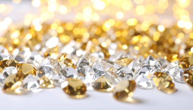 Sparkling gold and clear gems scattered on a white background, bokeh lights in the upper section