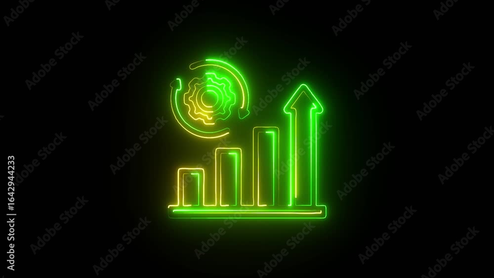 Poster neon data analytics icon with bar chart and upward arrow business growth, performance metrics, digit