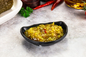 Souce gherkin relish with marinated cucumbers
