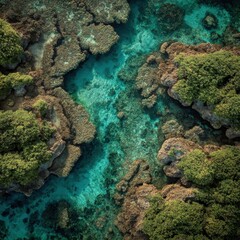 Drone of reef rocks & turquoise water, coastal erosion. Climate change concept