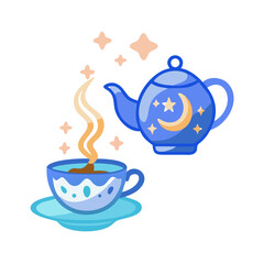 Decorative teapot with ornate carvings, steam forming tiny glowing stars, pouring into a cup with moon-shaped ripples, whimsical and charming design.
