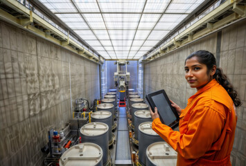 Engineer in high-tech facility. A female scientist with a tablet computer controls automated equipment in a modern industrial plant.