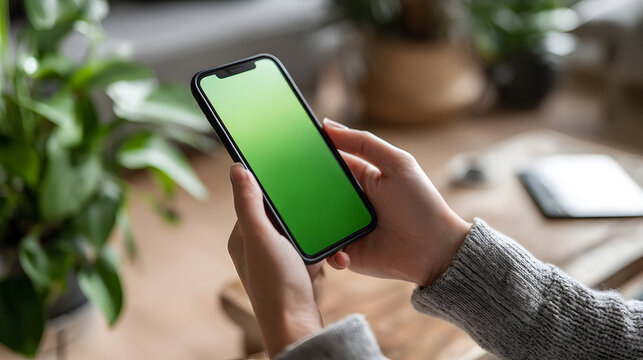 A smartphone displaying a green screen, promoting eco-friendly practices in travel.