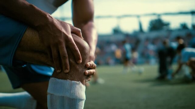 Player's Agony: Close-up shot of a soccer player with his hands clasped over his knee, conveying the pain of injury on the field. The emotional intensity of the moment is palpable.