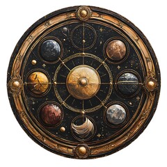 Ancient Celestial Orrery Depicting Planets and Starry Skies.