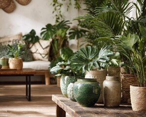 Fototapeta premium Jungle Magazine. Stylish Composition of Houseplants and Decorations in Living Room Green Background