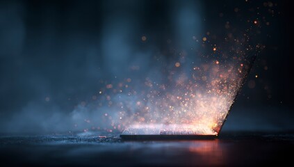 Laptop ablaze in dramatic dark scene