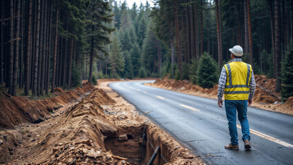 Road construction in forest. A civil engineer in a safety vest inspects a new road being built through a wilderness area.