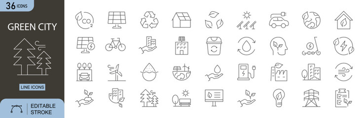 Green city icons set. Includes eco-friendly buildings, renewable energy, sustainable transport, green spaces, and clean environment concepts. Editable stroke. Line icons. Perfect for environmental.