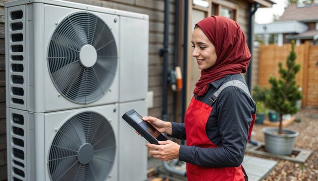 Technician services heat pump. A female HVAC technician in a hijab smiles while using a tablet for diagnostics on an outdoor air conditioning unit. - Powered by Adobe
