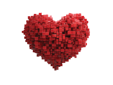 A red heart made of tiny cubes a digital isolated on transparent background png