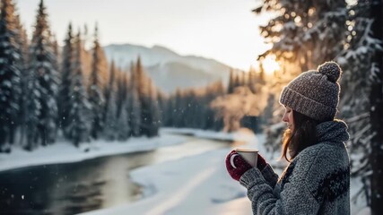 Woman holding steaming mug in a snowy winter landscape with river and forest at sunset, feeling cozy footage. - Powered by Adobe