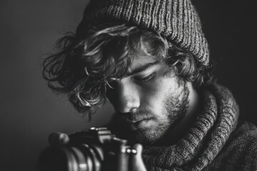 Close-up portrait of a pensive man with a camera.