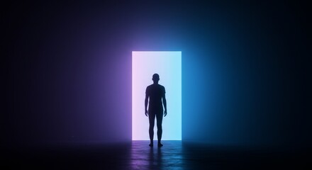 Fototapeta premium Silhouette Figure Standing Before Neon Lit Doorway