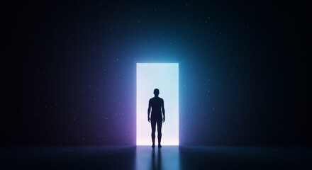 Obraz premium Silhouette Standing in Futuristic Glowing Portal