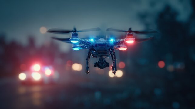 Law Enforcement Technology: Aerial Drone Police Surveillance with Advanced Equipment