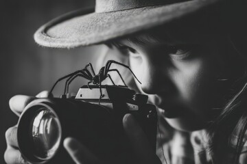 Close-up of a child focused on a camera with a large spider.