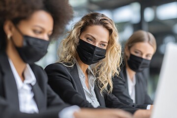 Leadership Pandemic. Black Businesswomen Wearing Face Masks Discussing and Working at Corporate Office