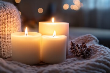 Three burning candles with knitted blanket and pinecone, cozy winter scene