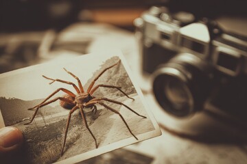 Vintage photograph of a large spider.