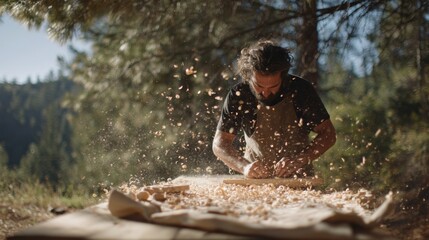 A traveling artisan unzipping a canvas roll of carving knives on a picnic table
