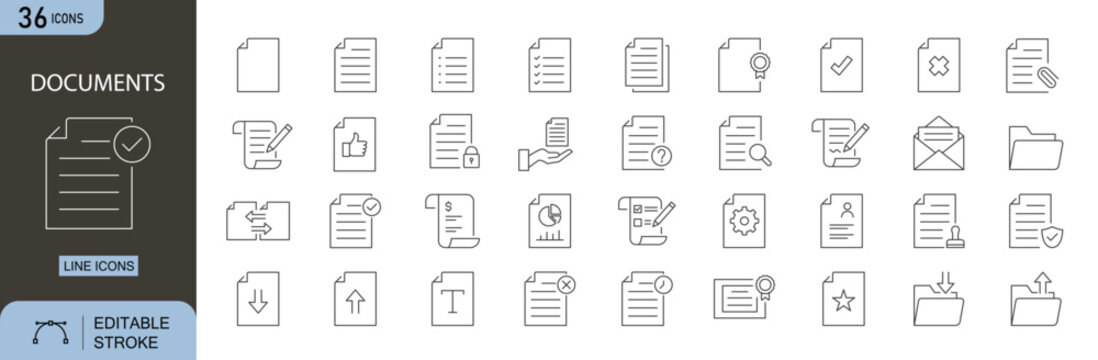 Documents icons set. Includes icons for files, folders, reports, contracts, certificates, paper sheets, and archive concepts. Editable stroke. Line icons. Perfect for infographics and office designs.