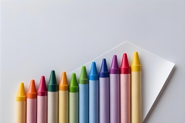 Row at an angle Colored wax crayons for drawing on a white blank sheet of paper