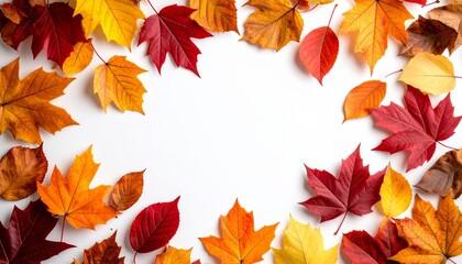 An orange and yellow autumn leaf border frames a fall-colored forest scene