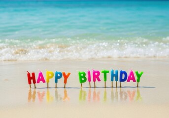 Happy birthday candles spelling out the message on a sandy beach with the ocean in the background