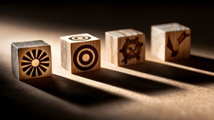 Wooden blocks with symbolic designs cast in shadows.