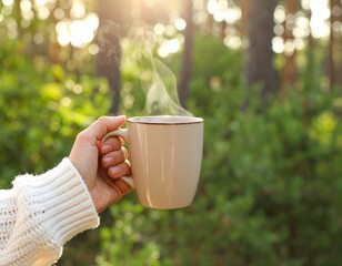 Hand Holding Steaming Mug Outdoors in Forest Morning Light