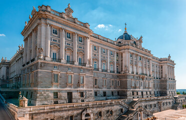 The northern facade of Royal Palace of Madrid, the official residence of the Spanish royal family at the city, however now used only for state ceremonies.