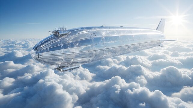 Giant transparent crystal airship hovering above ocean of clouds with sunlight refraction - National Aviation Day