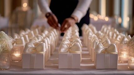 A wedding planner arranging favor boxes on a table