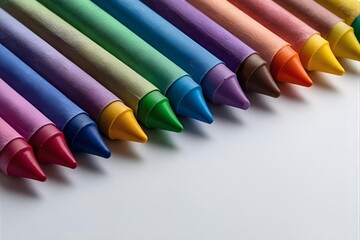 Row at an angle Colored wax crayons for drawing on a white blank sheet of paper