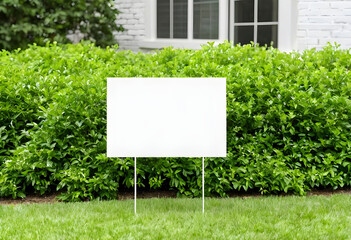 Yard sign mockup near the green bushes. Blank yard sign on green grass