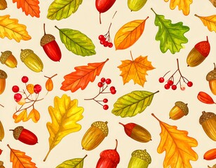 Obraz premium Autumn leaves and acorns seamless pattern