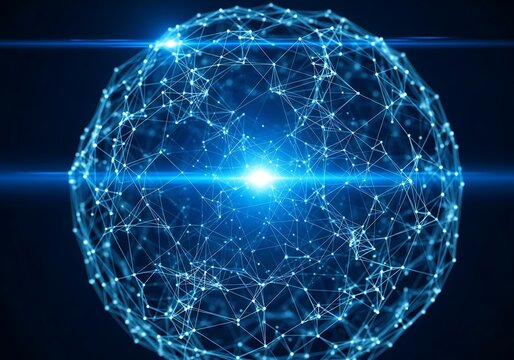Abstract glowing blue network sphere with bright center