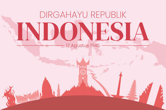 Hari kemerdekaan indonesia celebrates independence with monuments and map background for design projects related to indonesian freedom celebrations.
