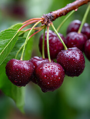 Close-up of ripe cherries with dew on a branch.