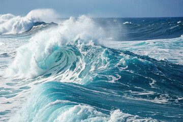 Abstract blue ocean waves crashing with white foam and splashes background. H2O expressive, artistic, pattern texture wallpaper backdrop