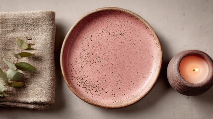 Flatlay of a blush pink plate, linen napkin, eucalyptus sprig, and a lit candle
