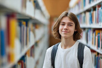 Teenage boy standing between shelves with books in the library. Concept of education, study, school.